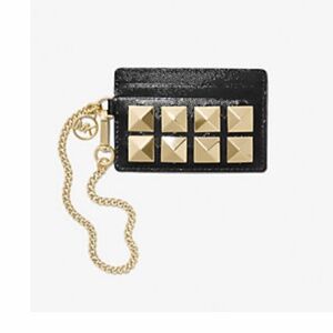 New Michael Kors SMALL STUDDED TEXTURED LEATHER CHAIN CARD CASE black with gold
